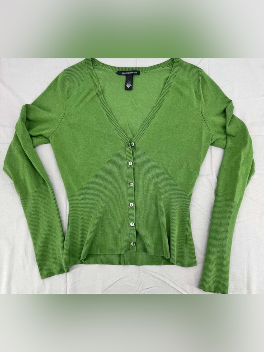 Kenneth Cole New York V-Neck Cardigan Size L Green Silk Blend
